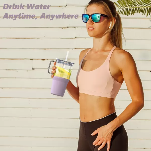 Sursip 32 oz Glass Tumbler with Handle Glass Water Bottles with Lid and Straw Reusable Iced Coffee Cup with Silicone Sleeve  Fits in Car Holder BPA Free Leak Proof Dishwasher Safe KhakiTaro Purple