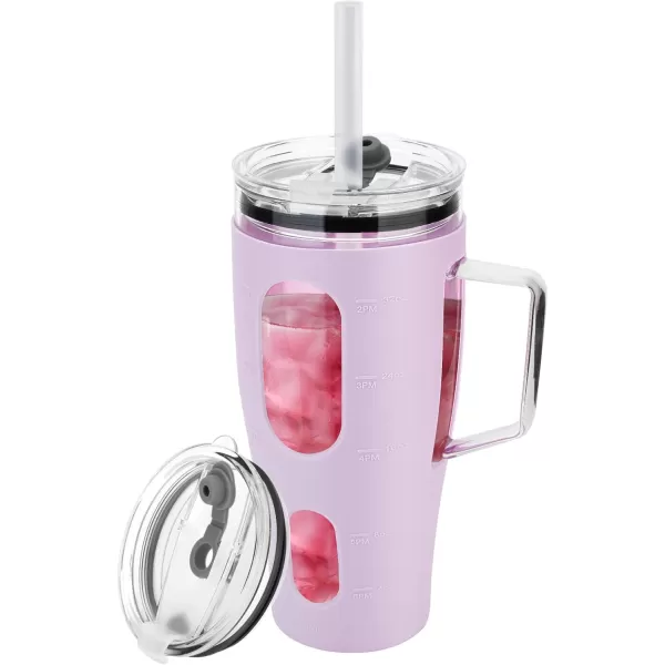 Sursip 32 oz Glass Tumbler with Handle Glass Water Bottles with Lid and Straw Reusable Iced Coffee Cup with Silicone Sleeve  Fits in Car Holder BPA Free Leak Proof Dishwasher Safe KhakiTaro Purple