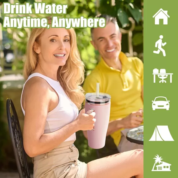 Sursip 32 oz Glass Tumbler with Handle Glass Water Bottles with Lid and Straw Reusable Iced Coffee Cup with Silicone Sleeve  Fits in Car Holder BPA Free Leak Proof Dishwasher Safe KhakiPink