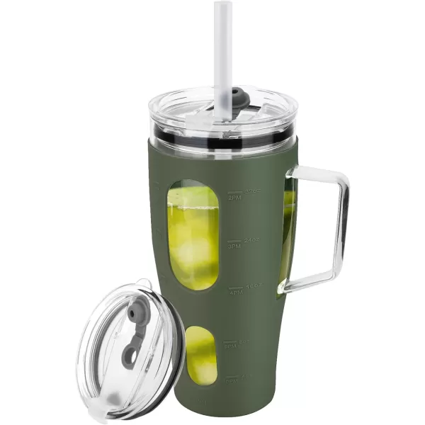 Sursip 32 oz Glass Tumbler with Handle Glass Water Bottles with Lid and Straw Reusable Iced Coffee Cup with Silicone Sleeve  Fits in Car Holder BPA Free Leak Proof Dishwasher Safe KhakiOlive Green
