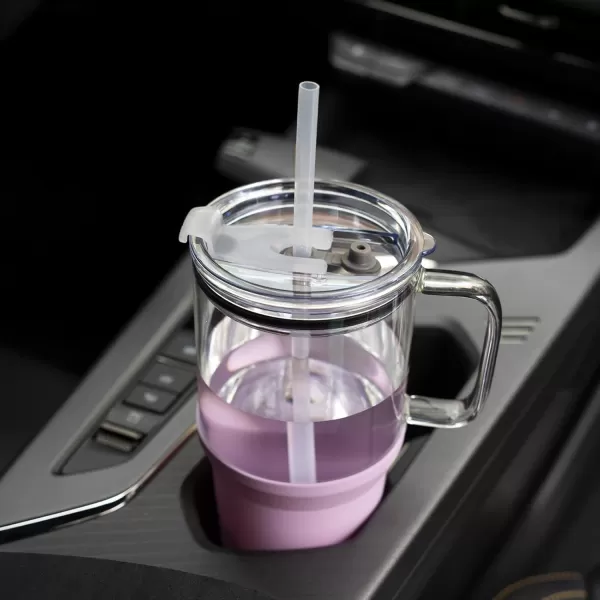 Sursip 32 oz Glass Tumbler with Handle Glass Water Bottles with Lid and Straw Reusable Iced Coffee Cup with Silicone Sleeve  Fits in Car Holder BPA Free Leak Proof Dishwasher Safe KhakiTaro Purple