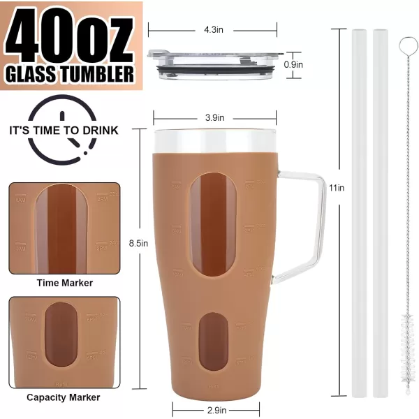 Sursip 32 oz Glass Tumbler with Handle Glass Water Bottles with Lid and Straw Reusable Iced Coffee Cup with Silicone Sleeve  Fits in Car Holder BPA Free Leak Proof Dishwasher Safe KhakiKhaki