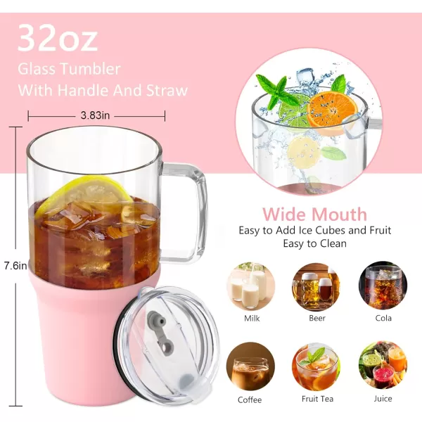 Sursip 32 oz Glass Tumbler with Handle Glass Water Bottles with Lid and Straw Reusable Iced Coffee Cup with Silicone Sleeve  Fits in Car Holder BPA Free Leak Proof Dishwasher Safe KhakiPink