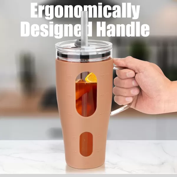 Sursip 32 oz Glass Tumbler with Handle Glass Water Bottles with Lid and Straw Reusable Iced Coffee Cup with Silicone Sleeve  Fits in Car Holder BPA Free Leak Proof Dishwasher Safe KhakiWhite