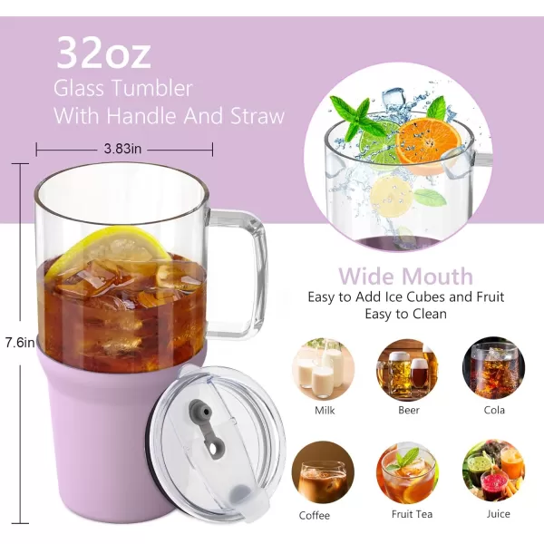 Sursip 32 oz Glass Tumbler with Handle Glass Water Bottles with Lid and Straw Reusable Iced Coffee Cup with Silicone Sleeve  Fits in Car Holder BPA Free Leak Proof Dishwasher Safe KhakiTaro Purple