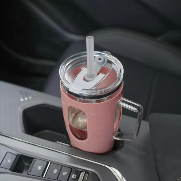Sursip 32 oz Glass Tumbler with Handle Glass Water Bottles with Lid and Straw Reusable Iced Coffee Cup with Silicone Sleeve  Fits in Car Holder BPA Free Leak Proof Dishwasher Safe KhakiPink