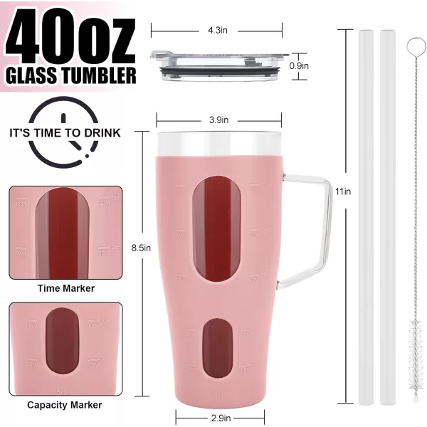 Sursip 32 oz Glass Tumbler with Handle Glass Water Bottles with Lid and Straw Reusable Iced Coffee Cup with Silicone Sleeve  Fits in Car Holder BPA Free Leak Proof Dishwasher Safe KhakiPink