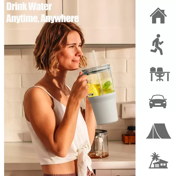 Sursip 32 oz Glass Tumbler with Handle Glass Water Bottles with Lid and Straw Reusable Iced Coffee Cup with Silicone Sleeve  Fits in Car Holder BPA Free Leak Proof Dishwasher Safe KhakiWhite