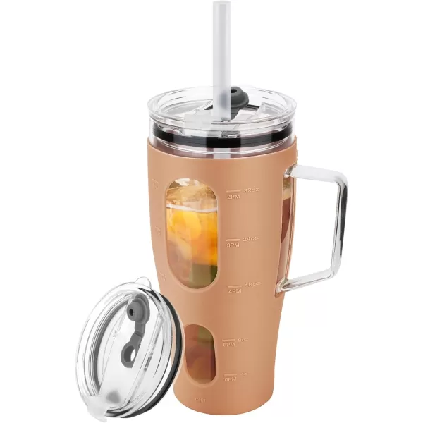 Sursip 32 oz Glass Tumbler with Handle Glass Water Bottles with Lid and Straw Reusable Iced Coffee Cup with Silicone Sleeve  Fits in Car Holder BPA Free Leak Proof Dishwasher Safe KhakiKhaki