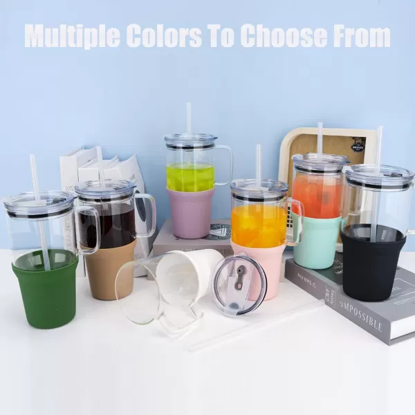 Sursip 32 oz Glass Tumbler with Handle Glass Water Bottles with Lid and Straw Reusable Iced Coffee Cup with Silicone Sleeve  Fits in Car Holder BPA Free Leak Proof Dishwasher Safe KhakiTaro Purple