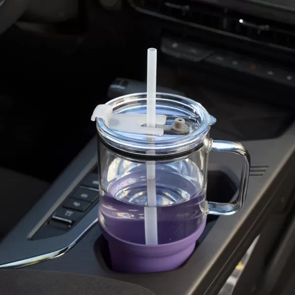 Sursip 32 oz Glass Tumbler with Handle Glass Water Bottles with Lid and Straw Reusable Iced Coffee Cup with Silicone Sleeve  Fits in Car Holder BPA Free Leak Proof Dishwasher Safe KhakiLilac