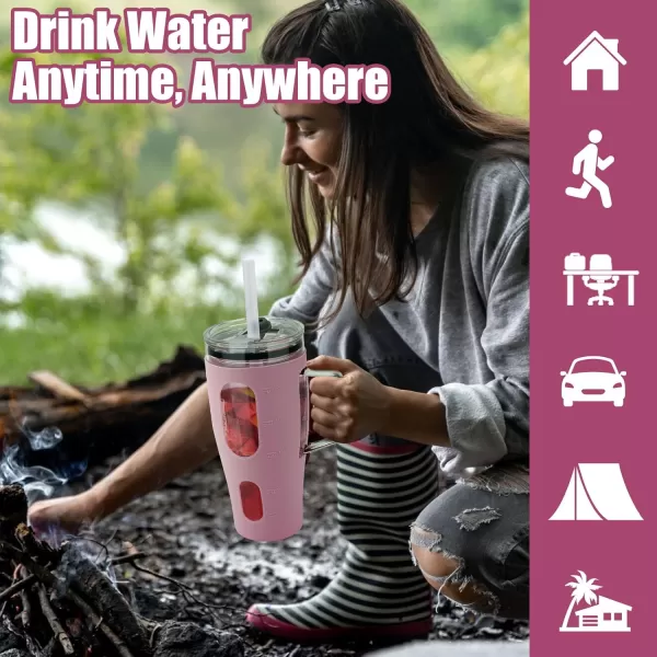 Sursip 32 oz Glass Tumbler with Handle Glass Water Bottles with Lid and Straw Reusable Iced Coffee Cup with Silicone Sleeve  Fits in Car Holder BPA Free Leak Proof Dishwasher Safe KhakiTaro Purple