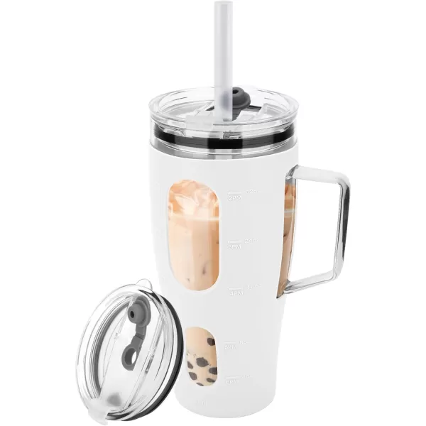 Sursip 32 oz Glass Tumbler with Handle Glass Water Bottles with Lid and Straw Reusable Iced Coffee Cup with Silicone Sleeve  Fits in Car Holder BPA Free Leak Proof Dishwasher Safe KhakiWhite