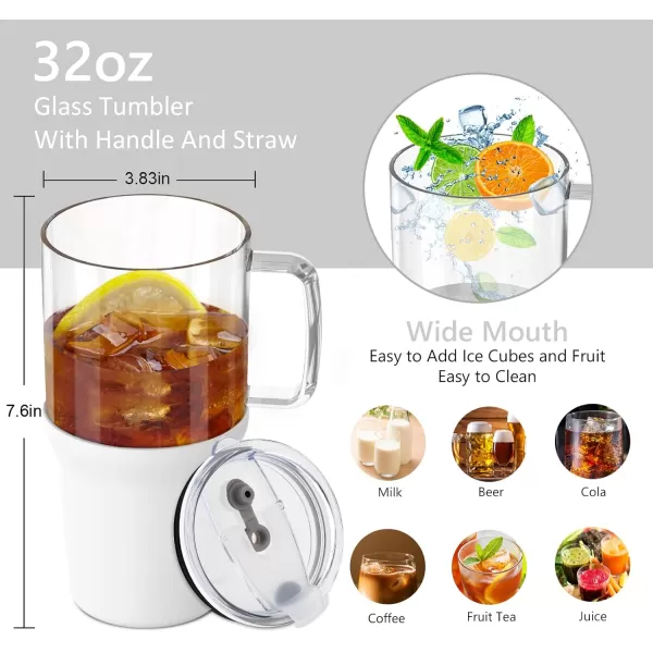 Sursip 32 oz Glass Tumbler with Handle Glass Water Bottles with Lid and Straw Reusable Iced Coffee Cup with Silicone Sleeve  Fits in Car Holder BPA Free Leak Proof Dishwasher Safe KhakiWhite