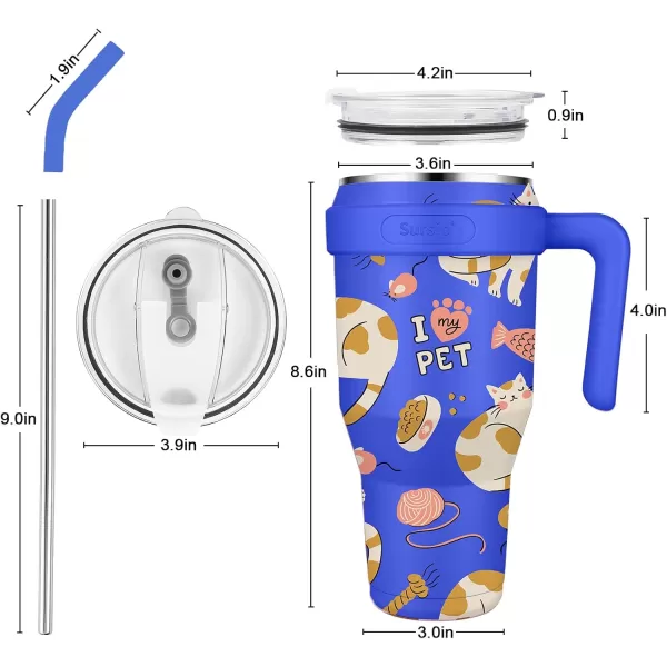 Sursip 40 oz Insulated Tumbler with Handle and StrawStainless Steel Vacuum Insulated MugGifts for Women Men Him HerIced Tea or CoffeeDrinks Cold up to 24 HoursFit Car HolderBlackBlueCat