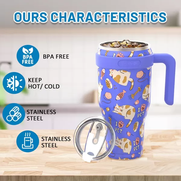 Sursip 40 oz Insulated Tumbler with Handle and StrawStainless Steel Vacuum Insulated MugGifts for Women Men Him HerIced Tea or CoffeeDrinks Cold up to 24 HoursFit Car HolderBlackBlueCat