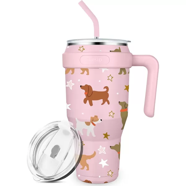 Sursip 40 oz Insulated Tumbler with Handle and StrawStainless Steel Vacuum Insulated MugGifts for Women Men Him HerIced Tea or CoffeeDrinks Cold up to 24 HoursFit Car HolderBlackPinkDog