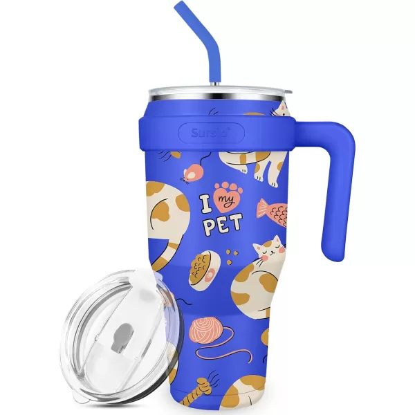 Sursip 40 oz Insulated Tumbler with Handle and StrawStainless Steel Vacuum Insulated MugGifts for Women Men Him HerIced Tea or CoffeeDrinks Cold up to 24 HoursFit Car HolderBlackBlueCat