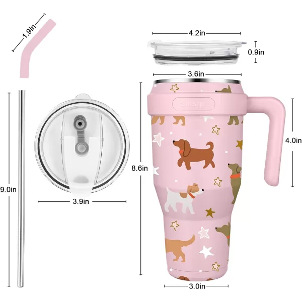 Sursip 40 oz Insulated Tumbler with Handle and StrawStainless Steel Vacuum Insulated MugGifts for Women Men Him HerIced Tea or CoffeeDrinks Cold up to 24 HoursFit Car HolderBlackPinkDog