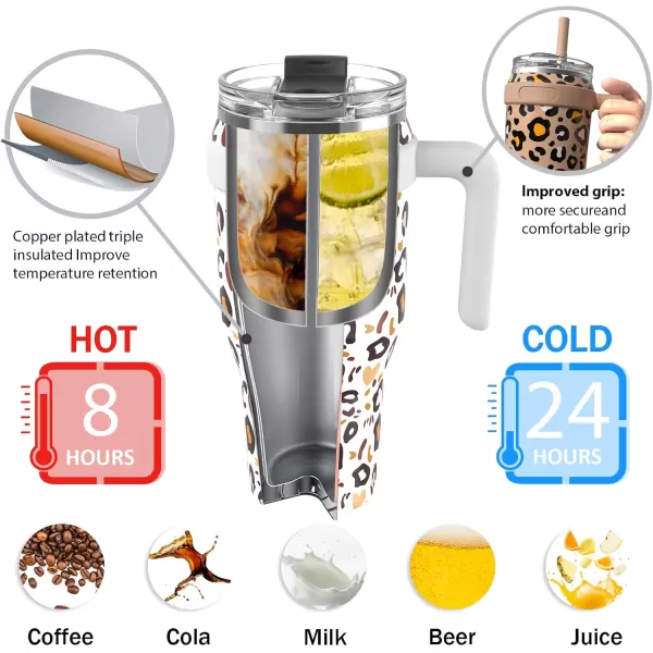 Sursip 40 oz Insulated Tumbler with Screw Lid  Stainless Steel Vacuum Cup with Straw and Handle Keeps Drinks Cold up to 24 Hours  SweatLeak Proof Dishwasher Safe Fits Car Cup Holder PinkWhite Leopard