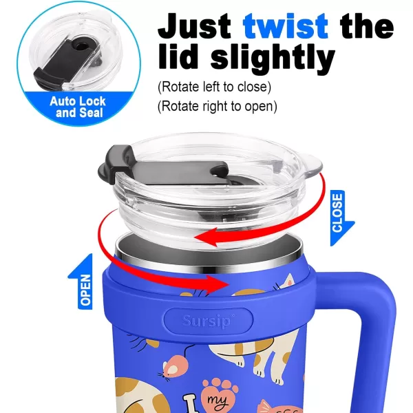 Sursip 40 oz Insulated Tumbler with Screw Lid  Stainless Steel Vacuum Cup with Straw and Handle Keeps Drinks Cold up to 24 Hours  SweatLeak Proof Dishwasher Safe Fits Car Cup Holder BlackBlue Cat