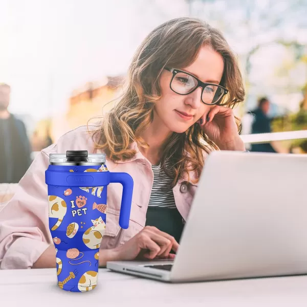 Sursip 40 oz Insulated Tumbler with Screw Lid  Stainless Steel Vacuum Cup with Straw and Handle Keeps Drinks Cold up to 24 Hours  SweatLeak Proof Dishwasher Safe Fits Car Cup Holder BlackBlue Cat