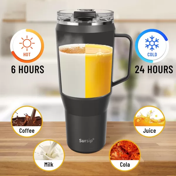 Sursip 40 oz Insulated Tumbler with Screw Lid  Stainless Steel Vacuum Cup with Straw and Handle Keeps Drinks Cold up to 24 Hours  SweatLeak Proof Dishwasher Safe Fits Car Cup Holder BlackBlack