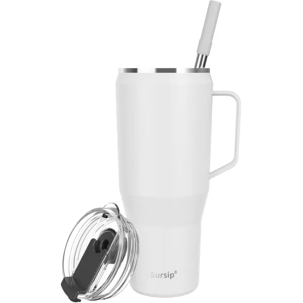 Sursip 40 oz Insulated Tumbler with Screw Lid  Stainless Steel Vacuum Cup with Straw and Handle Keeps Drinks Cold up to 24 Hours  SweatLeak Proof Dishwasher Safe Fits Car Cup Holder PinkWhite