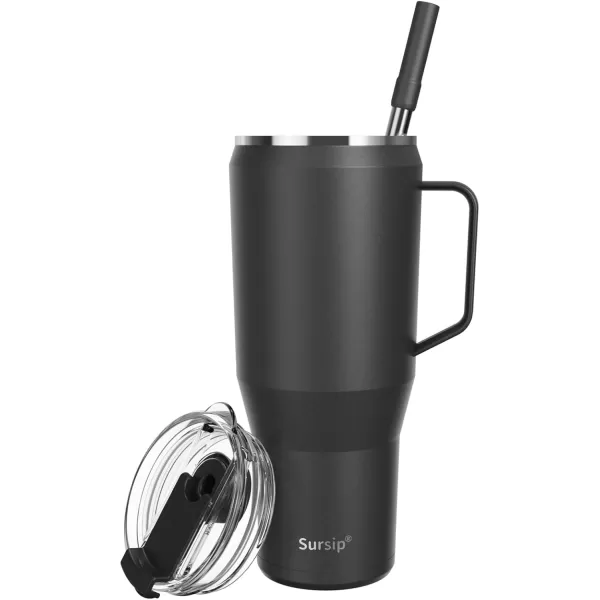 Sursip 40 oz Insulated Tumbler with Screw Lid  Stainless Steel Vacuum Cup with Straw and Handle Keeps Drinks Cold up to 24 Hours  SweatLeak Proof Dishwasher Safe Fits Car Cup Holder PlatingBlack
