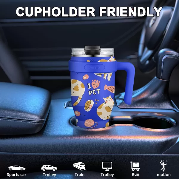 Sursip 40 oz Insulated Tumbler with Screw Lid  Stainless Steel Vacuum Cup with Straw and Handle Keeps Drinks Cold up to 24 Hours  SweatLeak Proof Dishwasher Safe Fits Car Cup Holder PlatingBlue Cat
