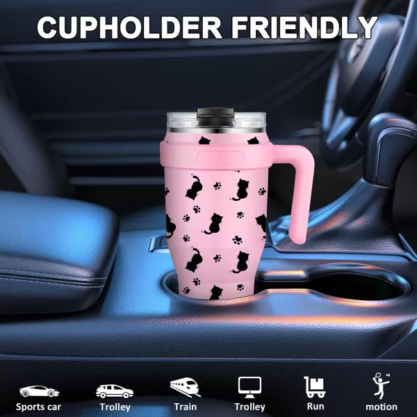 Sursip 40 oz Insulated Tumbler with Screw Lid  Stainless Steel Vacuum Cup with Straw and Handle Keeps Drinks Cold up to 24 Hours  SweatLeak Proof Dishwasher Safe Fits Car Cup Holder BlackPink Kitten