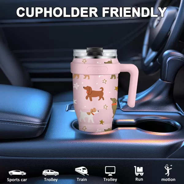 Sursip 40 oz Insulated Tumbler with Screw Lid  Stainless Steel Vacuum Cup with Straw and Handle Keeps Drinks Cold up to 24 Hours  SweatLeak Proof Dishwasher Safe Fits Car Cup Holder PlatingPink Puppy