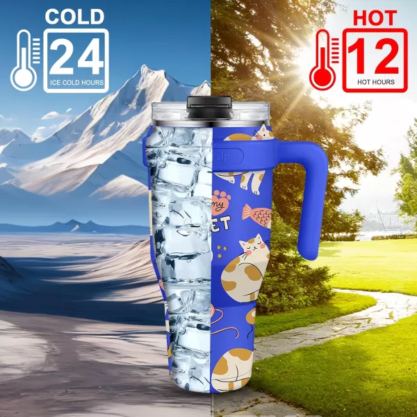 Sursip 40 oz Insulated Tumbler with Screw Lid  Stainless Steel Vacuum Cup with Straw and Handle Keeps Drinks Cold up to 24 Hours  SweatLeak Proof Dishwasher Safe Fits Car Cup Holder BlackBlue Cat