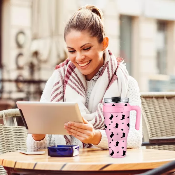 Sursip 40 oz Insulated Tumbler with Screw Lid  Stainless Steel Vacuum Cup with Straw and Handle Keeps Drinks Cold up to 24 Hours  SweatLeak Proof Dishwasher Safe Fits Car Cup Holder BlackPink Kitten