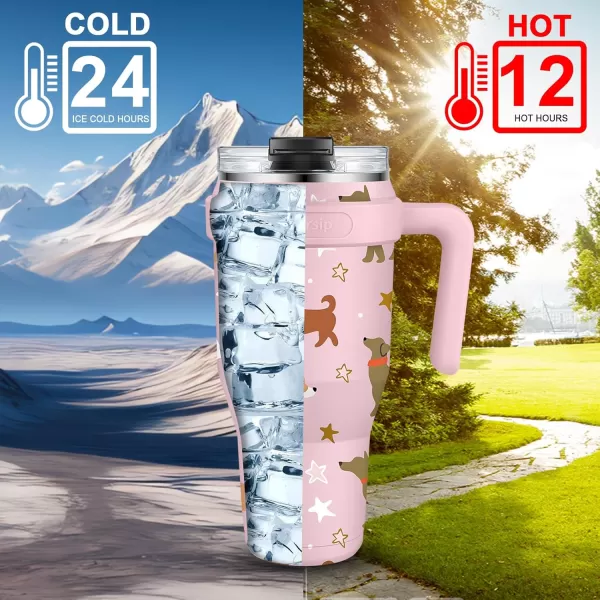 Sursip 40 oz Insulated Tumbler with Screw Lid  Stainless Steel Vacuum Cup with Straw and Handle Keeps Drinks Cold up to 24 Hours  SweatLeak Proof Dishwasher Safe Fits Car Cup Holder PinkPink Puppy