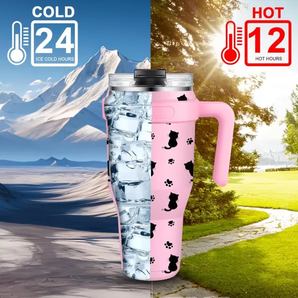 Sursip 40 oz Insulated Tumbler with Screw Lid  Stainless Steel Vacuum Cup with Straw and Handle Keeps Drinks Cold up to 24 Hours  SweatLeak Proof Dishwasher Safe Fits Car Cup Holder BlackPink Kitten