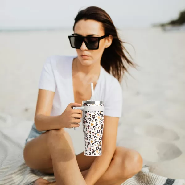 Sursip 50 oz Mug Tumbler with Handle Double Wall Vacuum Stainless Steel Tumbler with Straw and 2 Lids Keeps Drinks Cold up to 24 Hours  Leak Proof Dishwasher Safe Fit Car Cup Holder WhiteWhite Leopard