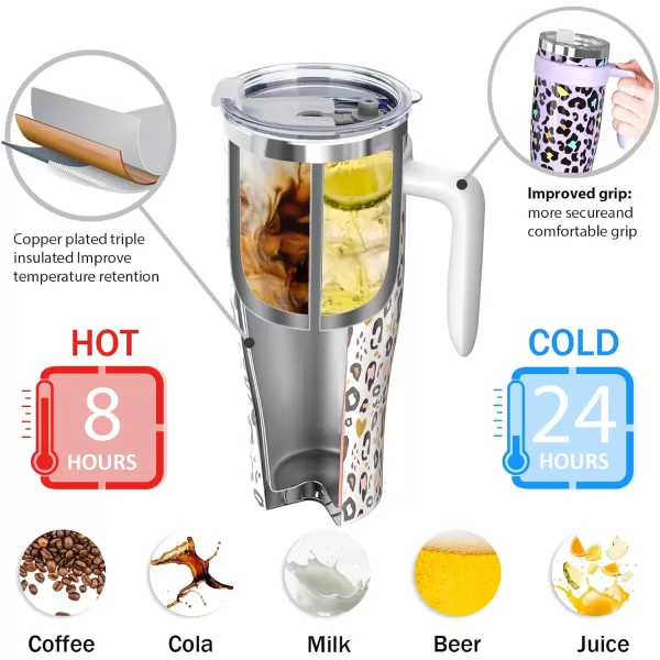 Sursip 50 oz Mug Tumbler with Handle Double Wall Vacuum Stainless Steel Tumbler with Straw and 2 Lids Keeps Drinks Cold up to 24 Hours  Leak Proof Dishwasher Safe Fit Car Cup Holder WhiteWhite Leopard