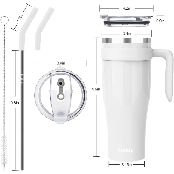 Sursip 50 oz Mug Tumbler with Handle Double Wall Vacuum Stainless Steel Tumbler with Straw and 2 Lids Keeps Drinks Cold up to 24 Hours  Leak Proof Dishwasher Safe Fit Car Cup Holder WhiteWhite