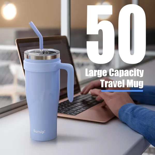 Sursip 50 oz Mug Tumbler with Handle Double Wall Vacuum Stainless Steel Tumbler with Straw and 2 Lids Keeps Drinks Cold up to 24 Hours  Leak Proof Dishwasher Safe Fit Car Cup Holder WhiteIce Blue