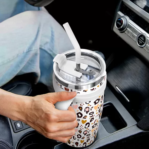 Sursip 50 oz Mug Tumbler with Handle Double Wall Vacuum Stainless Steel Tumbler with Straw and 2 Lids Keeps Drinks Cold up to 24 Hours  Leak Proof Dishwasher Safe Fit Car Cup Holder WhiteWhite Leopard