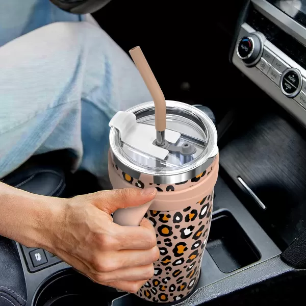 Sursip 50 oz Mug Tumbler with Handle Double Wall Vacuum Stainless Steel Tumbler with Straw and 2 Lids Keeps Drinks Cold up to 24 Hours  Leak Proof Dishwasher Safe Fit Car Cup Holder WhiteKhaki Leopard