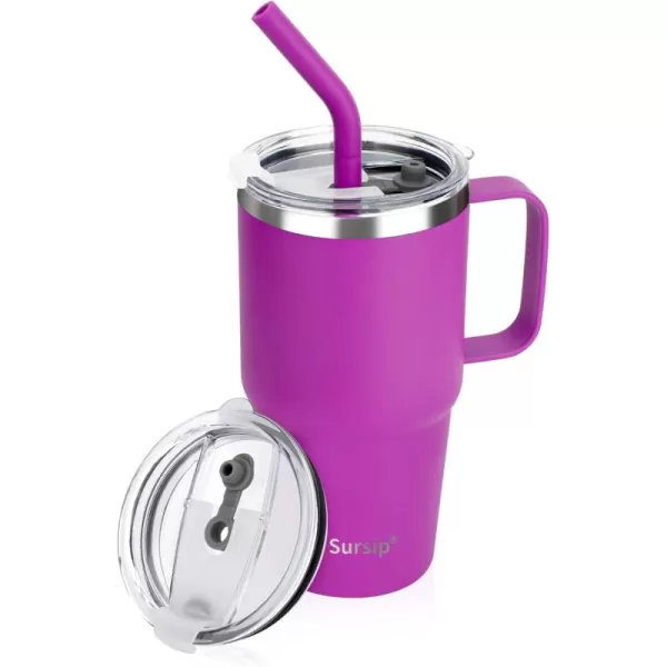 Sursip 24 oz Insulated Cup with Handle Double Wall Vacuum Stainless Steel Tumbler with Straw and 2 Lids For ColdHot Drinks Coffee Travel Mug for CarHomeOfficePartyCamping White2 PackPurple