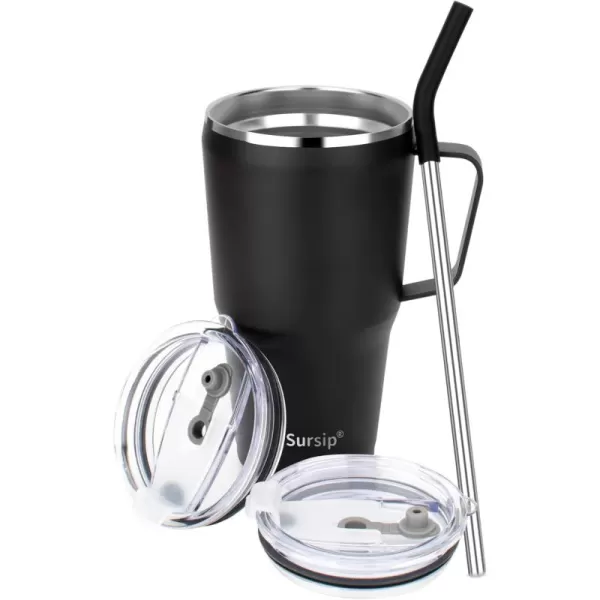 Sursip 30oz Mug TumblerStainless Steel Vacuum Insulated Mug with HandleLid and StrawFit for Car HolderKeeps Cold up to 24 HoursSweat ProofLeak ProofDishwasher SafeBlack1 Count Pack of 1