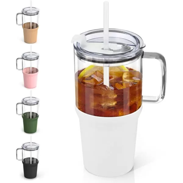 Sursip 32 oz Glass Tumbler with Handle Glass Water Bottles with Lid and Straw Reusable Iced Coffee Cup with Silicone Sleeve  Fits in Car Holder BPA Free Leak Proof Dishwasher Safe KhakiWhite
