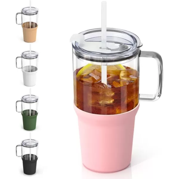Sursip 32 oz Glass Tumbler with Handle Glass Water Bottles with Lid and Straw Reusable Iced Coffee Cup with Silicone Sleeve  Fits in Car Holder BPA Free Leak Proof Dishwasher Safe KhakiPink