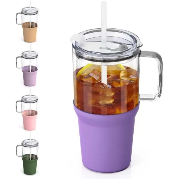 Sursip 32 oz Glass Tumbler with Handle Glass Water Bottles with Lid and Straw Reusable Iced Coffee Cup with Silicone Sleeve  Fits in Car Holder BPA Free Leak Proof Dishwasher Safe KhakiLilac