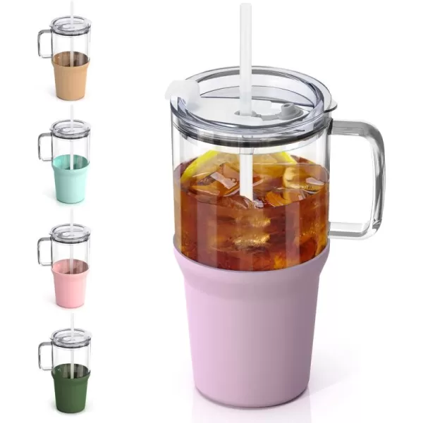 Sursip 32 oz Glass Tumbler with Handle Glass Water Bottles with Lid and Straw Reusable Iced Coffee Cup with Silicone Sleeve  Fits in Car Holder BPA Free Leak Proof Dishwasher Safe KhakiTaro Purple