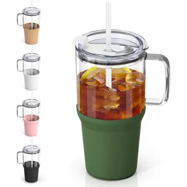 Sursip 32 oz Glass Tumbler with Handle Glass Water Bottles with Lid and Straw Reusable Iced Coffee Cup with Silicone Sleeve  Fits in Car Holder BPA Free Leak Proof Dishwasher Safe KhakiOlive Green