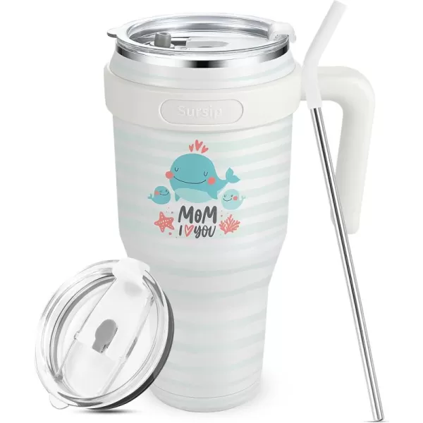 Sursip 40 oz Insulated Tumbler with Handle and StrawStainless Steel Vacuum Insulated MugGifts for Women Men Him HerIced Tea or CoffeeDrinks Cold up to 24 HoursFit Car HolderBlackWhiteWhale